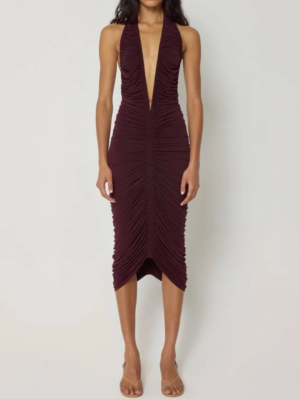 Khy Ruched Plunge Halter Midi Dress in Deep Burgundy